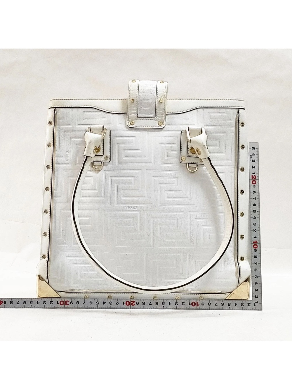 Versace White Embossed Tote with Gold Hardware Accents - Picture 2 of 9